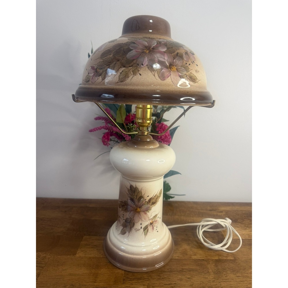 Vintage Cottagecore Floral Table Lamp Farmhouse Decor Hand Painted Ceramic MCM